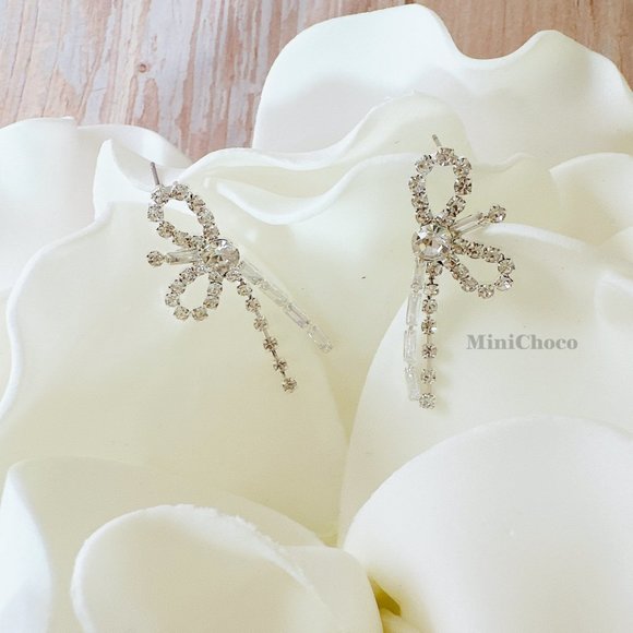 Silver Tone Lovely CZ  Bow Knot Earrings - Picture 2 of 5